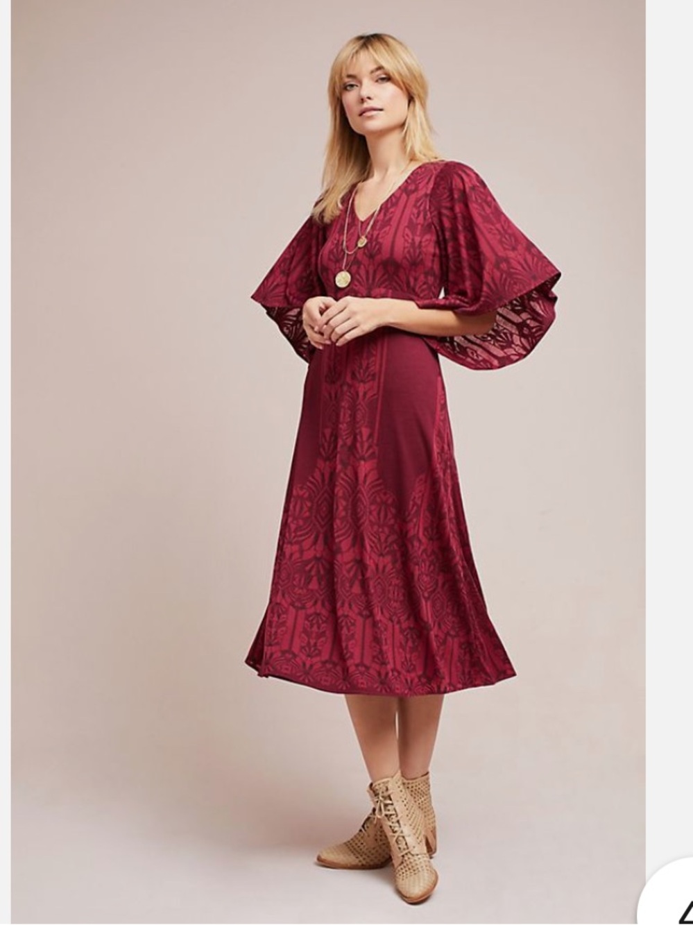 Flutter-Sleeve Midi Dress in Deep Berry